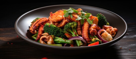 Aufkleber - Assorted shrimp, broccoli, and vegetables in a bowl alongside a spicy vegetable octopus stir-fry dish. with copy space image. Place for adding text or design