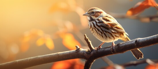 Poster - Tiny avian perched on a branch, Song Sparrow in search of morning meal. with copy space image. Place for adding text or design