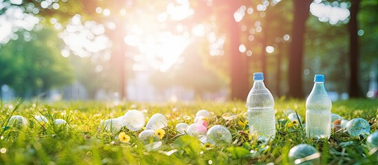 Aufkleber - Close-up of two plastic water bottles placed on green grass, showcasing environmental concerns and littering impact. with copy space image. Place for adding text or design