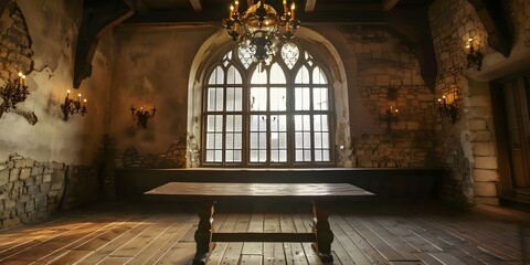 Medieval castle room with arched stained glass window wooden table chandelier. Concept Medieval Architecture, Stained Glass Window, Wooden Furniture, Castle Decor, Chandelier Lighting