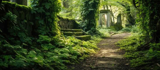 Poster - A tranquil path meanders through a lush forest, revealing a gate at its center surrounded by greenery. with copy space image. Place for adding text or design