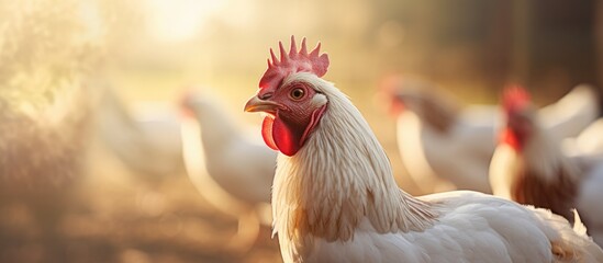 Poster - Many domestic fowls basking in sunlight together, effortlessly found in a household setting. with copy space image. Place for adding text or design