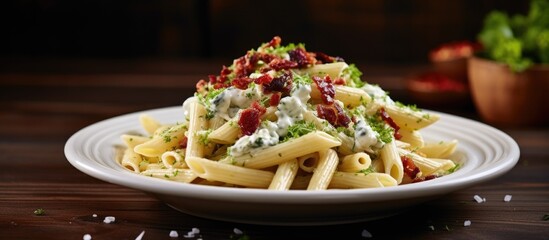 Wall Mural - Delicious penne pasta topped with crispy bacon, fresh broccoli, and creamy gorgonzola, served on a rustic wooden table. with copy space image. Place for adding text or design