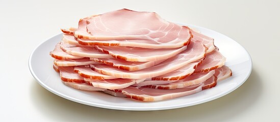 Poster - Thin slices of pork ham arranged neatly on a white ceramic plate. with copy space image. Place for adding text or design