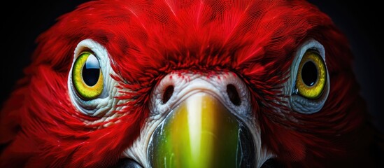 Poster - Vivid red parrot with striking green eye and distinctive yellow beak in a close-up shot. with copy space image. Place for adding text or design