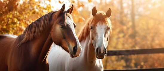 Poster - Two elegant horses are seen standing within a fenced enclosure, with a backdrop of trees in the distance. with copy space image. Place for adding text or design
