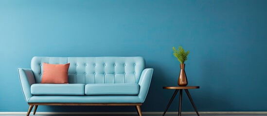 Wall Mural - Stylish room featuring a retro sofa against a blue wall with a side table. with copy space image. Place for adding text or design