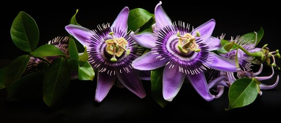 Poster - Passiflora edulis plant showcasing long stems, round blooms with purple petals and stripes, set against black background. with copy space image. Place for adding text or design