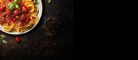 Fototapete - Plate of pasta topped with flavorful meat sauce and grated cheese, accompanied by fresh vegetables. with copy space image. Place for adding text or design
