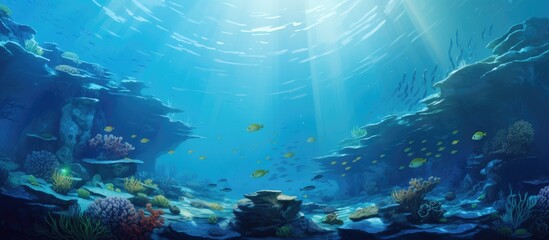 Poster - Lively underwater environment showcasing a colorful coral reef teeming with a variety of fish species. with copy space image. Place for adding text or design