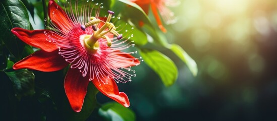 Poster - Vibrant red Passiflora Scarlet Flame, also known as Red passion flower, blossoming on a plant. with copy space image. Place for adding text or design