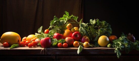 Aufkleber - Assorted fresh fruits and vegetables arranged on a tabletop in a dimly lit studio in Los Angeles. with copy space image. Place for adding text or design