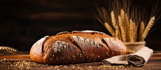 Poster - Freshly baked multigrain bread loaf decorated with wheat ears, displayed on a table. with copy space image. Place for adding text or design
