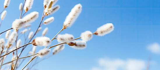 Aufkleber - Plant with white flowers contrasted against the backdrop of a clear blue sky. with copy space image. Place for adding text or design