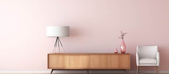 Aufkleber - Pink wall features a wooden cabinet and a white chair in a modern room with a retro pink ceiling lamp above a wooden sideboard and an empty white wall with space for a sofa. with copy space image