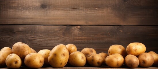 Wall Mural - Group of potatoes displayed on a wooden table with a rustic brown background in a vintage food still life composition. with copy space image. Place for adding text or design