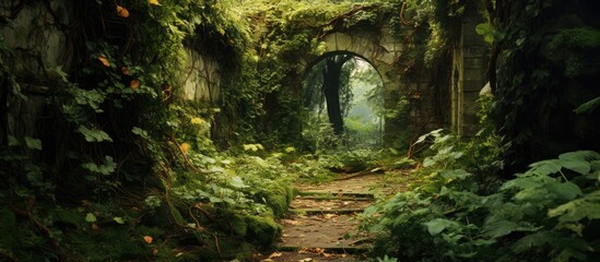 Fototapete - A serene forest path is adorned by a picturesque stone arch, creating a tranquil ambiance amidst nature's embrace. with copy space image. Place for adding text or design