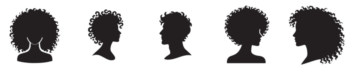 Wall Mural - vector set collection of people with curly hair silhouette style