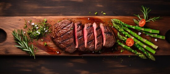 Leinwandbilder - Steak, asparagus, and tomatoes served on a cutting board, perfect for a rustic barbecue setting. with copy space image. Place for adding text or design