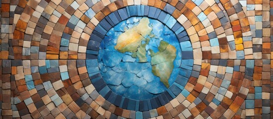 Aufkleber - Detailed close-up of a mosaic depicting a world map on a wall, showcasing intricate craftsmanship. with copy space image. Place for adding text or design