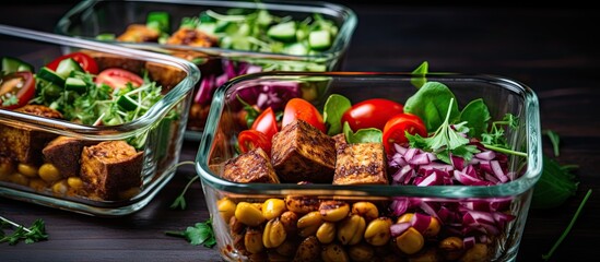 Aufkleber - Three glass containers showcase different types of food on a table, offering a delicious and colorful meal presentation. with copy space image. Place for adding text or design