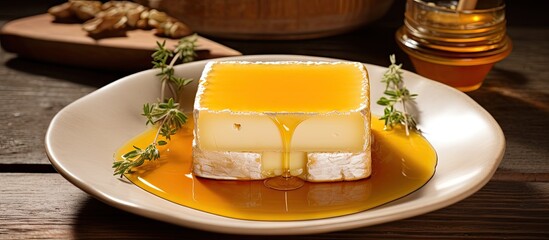 Wall Mural - Fresh Mato whey cheese from Catalonia served on a plate with honey, a traditional Spanish dish. with copy space image. Place for adding text or design