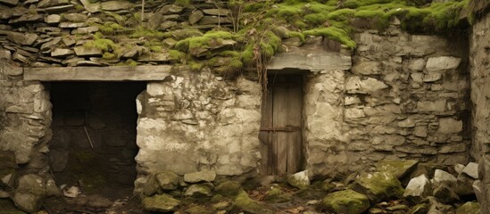 Poster - Entrance to an old stone building overgrown with moss, showcasing the beauty of nature reclaiming the structure. with copy space image. Place for adding text or design