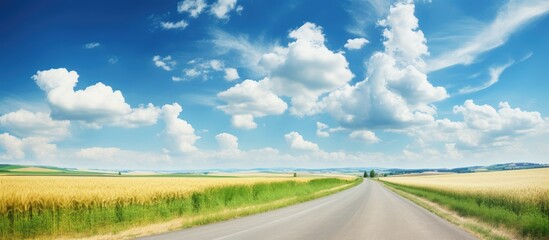 Aufkleber - Scenic view of a road meandering through vast wheat fields with a backdrop of a serene blue sky. with copy space image. Place for adding text or design