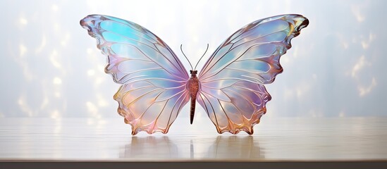 Aufkleber - A delicate butterfly with mother of pearl wings perched gracefully on a table. with copy space image. Place for adding text or design