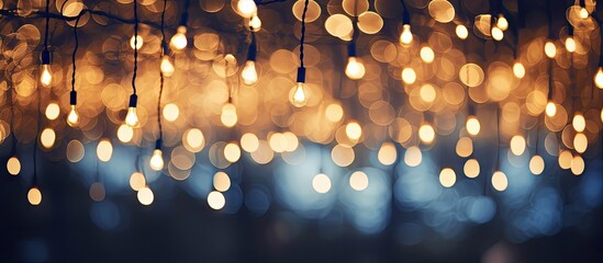 Aufkleber - Bulbs suspended in a row from a ceiling in an indoor setting, creating a warm and cozy atmosphere. with copy space image. Place for adding text or design