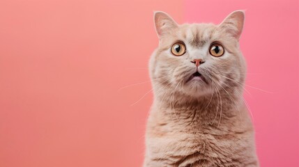Poster - Portrait of a beige cat with a shocked expression on a colored background Cat face meme concept : Generative AI