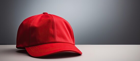 Poster - Close-up shot of a vibrant red baseball cap placed on a table surface. with copy space image. Place for adding text or design