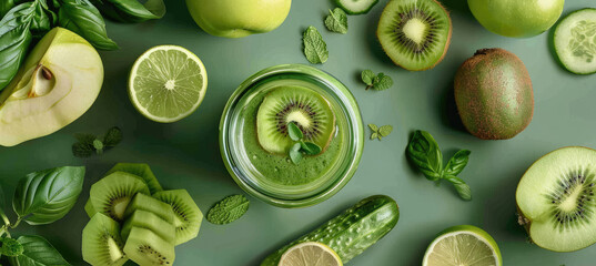 Wall Mural - Green smoothie with green apple, kiwi and mint leaves on the table in a glass jar. Green healthy food 