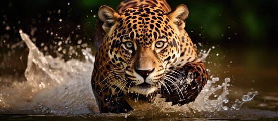 Poster - A jaguar, Panthera onca, getting ready to jump into the water as a giraffe runs through the water with force. with copy space image. Place for adding text or design