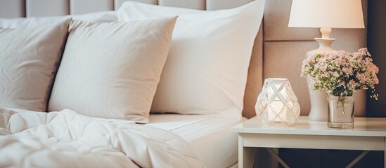 Poster - Vase of flowers sitting on nightstand next to bed in elegant modern bedroom. with copy space image. Place for adding text or design