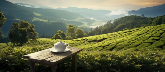 Aufkleber - A serene spot to savor tea amidst lush greenery in a tranquil tea plantation setting. with copy space image. Place for adding text or design