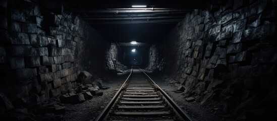 Aufkleber - Train locomotive moving through a dark and dimly lit tunnel constructed for a railway deep underground. with copy space image. Place for adding text or design