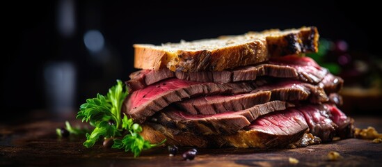 Aufkleber - A macro shot of a sandwich showcasing meat and fresh veggies on a rustic wooden cutting board. with copy space image. Place for adding text or design