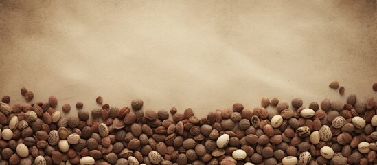 Aufkleber - Close-up view of assorted nuts and seeds on a textured brown background, creating a natural and wholesome composition. with copy space image. Place for adding text or design