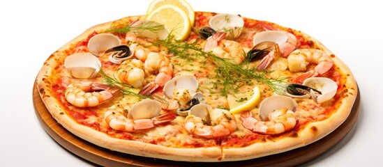 Aufkleber - Delicious pizza topped with seafood, clams, shrimp, and mussels on a wooden plate, perfect seafood cocktail fast food. with copy space image. Place for adding text or design