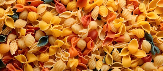 Poster - Assorted colorful raw pasta types in a vibrant mix captured in a detailed close-up background. with copy space image. Place for adding text or design