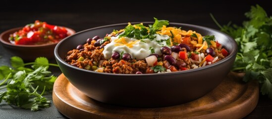 Aufkleber - Vegetarian chili meal made with flavorful spices and served with nutritious wild rice in a bowl. with copy space image. Place for adding text or design