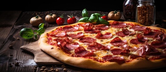 Aufkleber - Pepperoni and cheese pizza shown in close-up detail on a rustic wooden board, appetizing and mouth-watering. with copy space image. Place for adding text or design