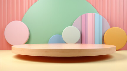 Wall Mural - Modern Product Display Stand with Pastel Colored Geometric Background - 3D Render Stock Illustration