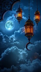 Ramadan kareem illustration with glowing lantern and full moon in arabic celebration background