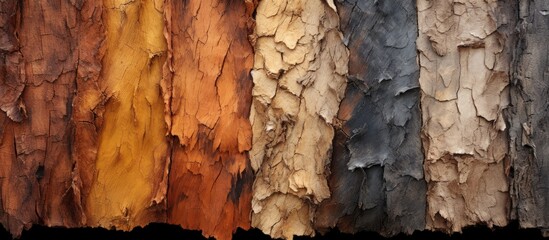 Aufkleber - A variety of colorful trees are seen up close with distinct bark textures and pine resin sap. with copy space image. Place for adding text or design