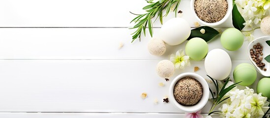 Fototapete - Eggs and colorful flowers arranged on a clean white table, set against a plain white background. with copy space image. Place for adding text or design
