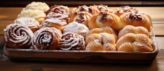 Poster - Freshly baked assortment of Italian pastries displayed on a serving tray on a wooden table. with copy space image. Place for adding text or design