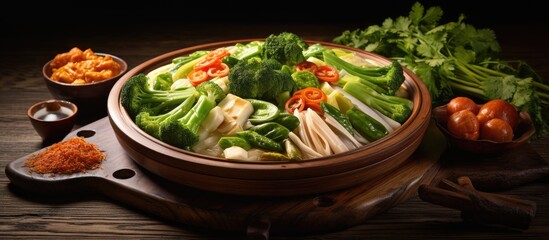 Aufkleber - Pak Coy, a popular fresh vegetable in Chinese cooking, is displayed on a table alongside other vegetables. with copy space image. Place for adding text or design