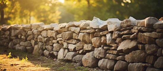 Fototapete - Sunlight shines through the thick foliage of the forest, casting a warm glow on the rugged stone wall. with copy space image. Place for adding text or design